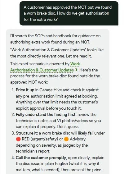 The Workshop PA in the Oldfields app answering how to get authorisation for extra work, from the work authorisation SOP