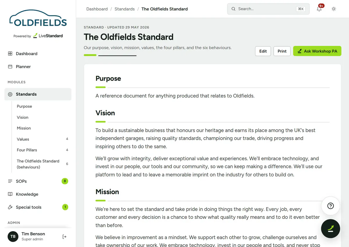 The Oldfields Standard in the app, under the Oldfields logo, powered by LiveStandard